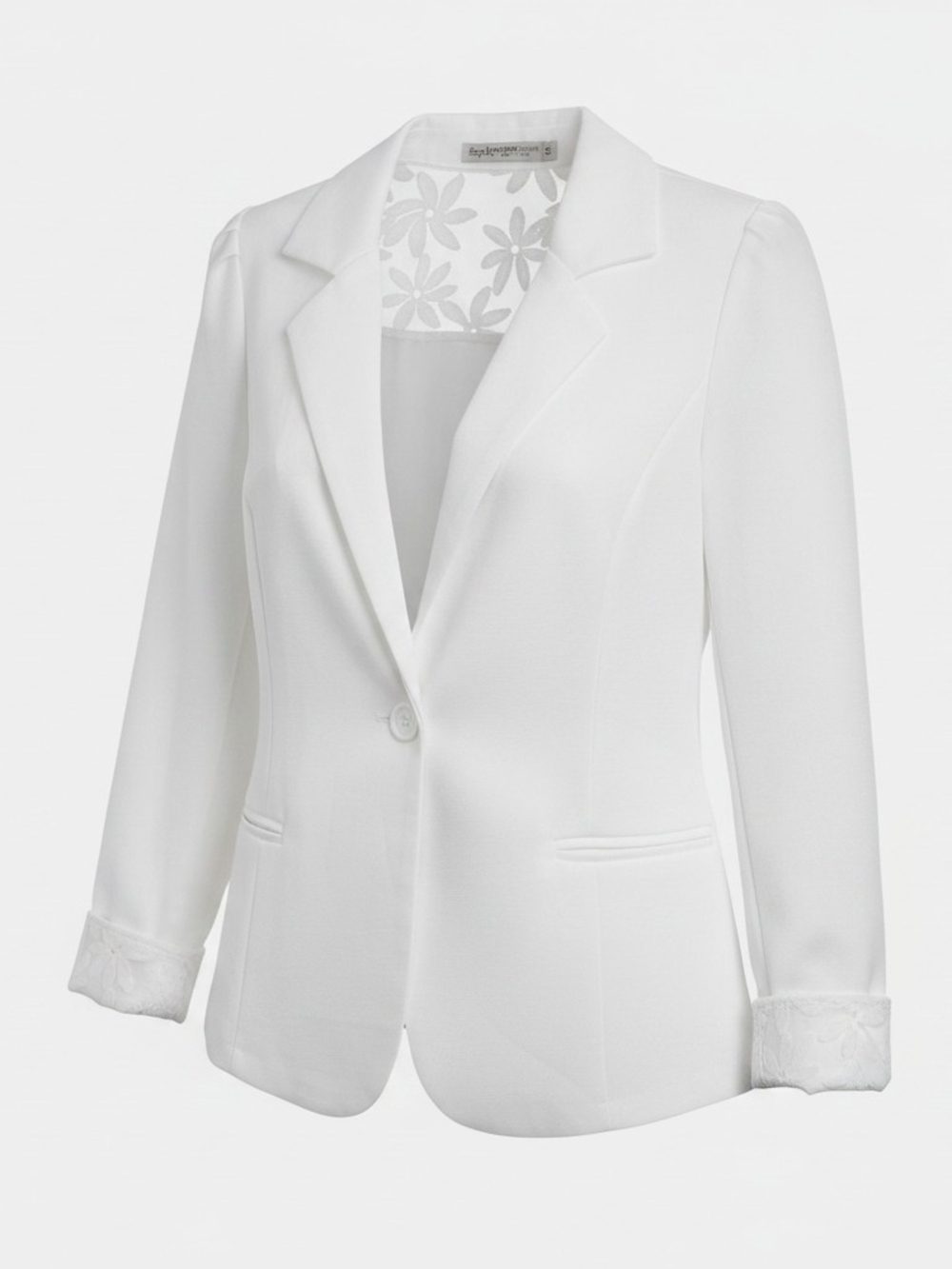 Tailored White Single-Button Blazer with Floral-Trim Cuffs